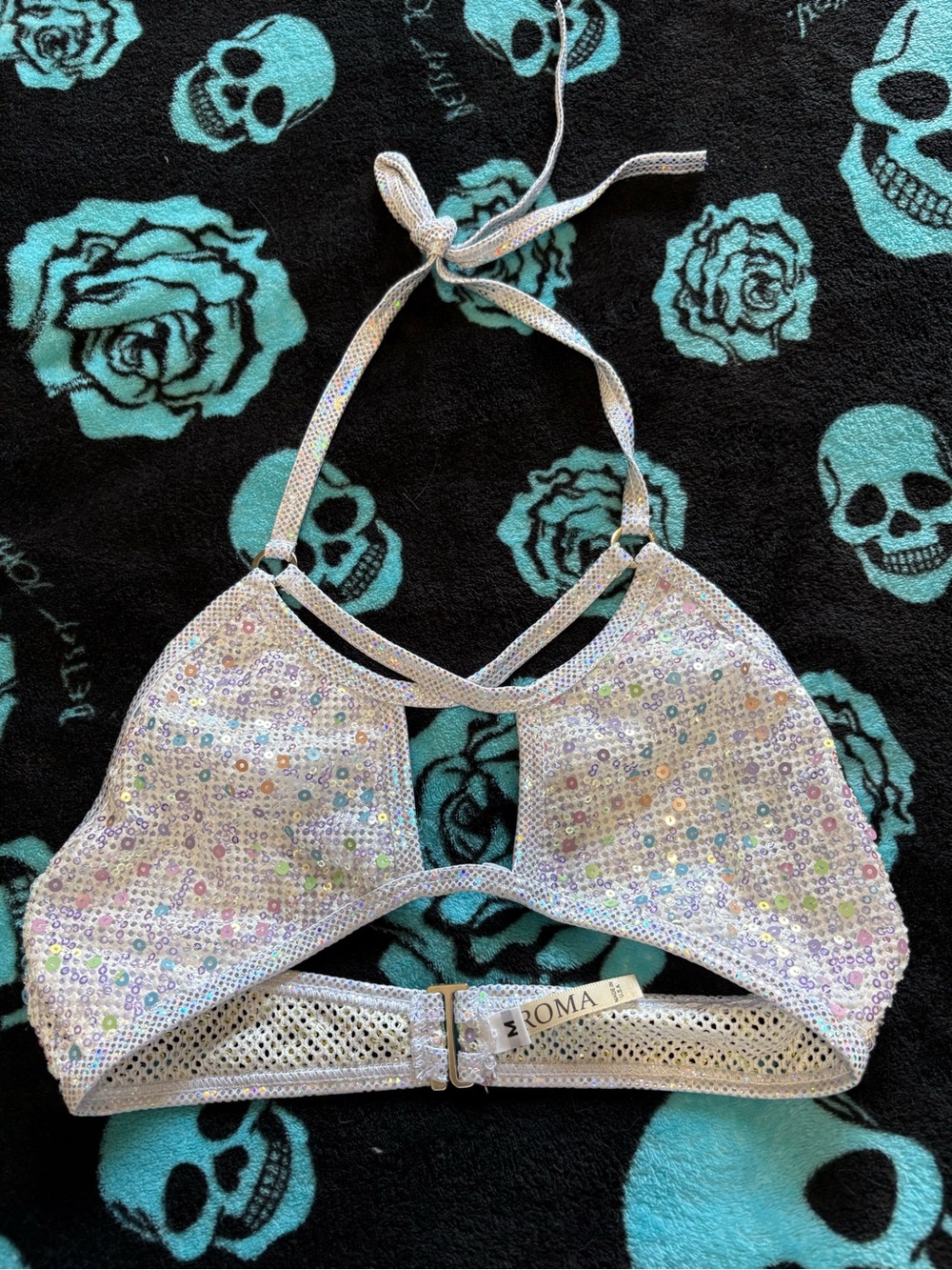 Roma White Iridescent Sequin Halter Bikini Top